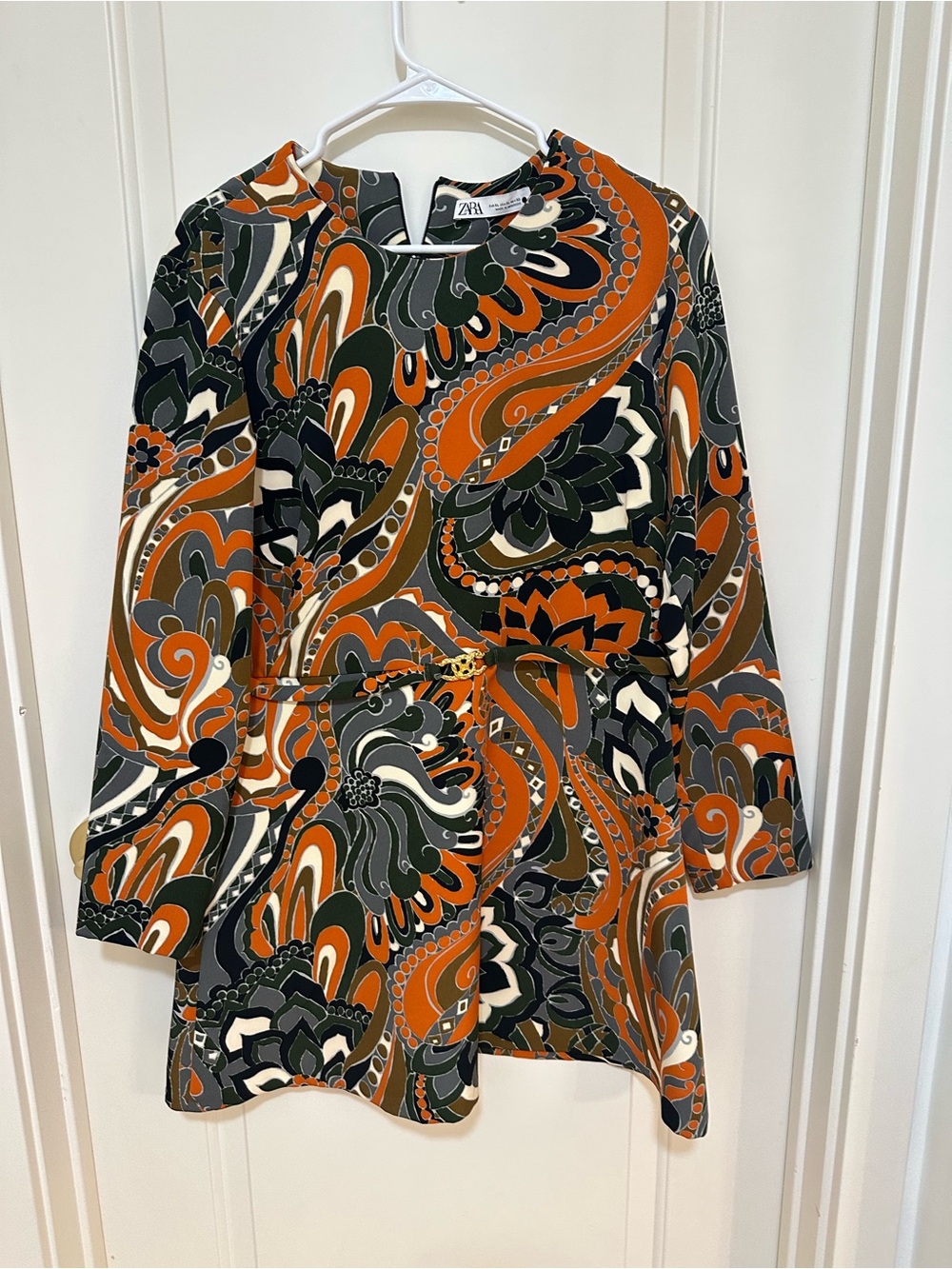 Zara Orange, Olive and Black Paisley Long-Sleeve Mini Dress - Picture 3 of 4